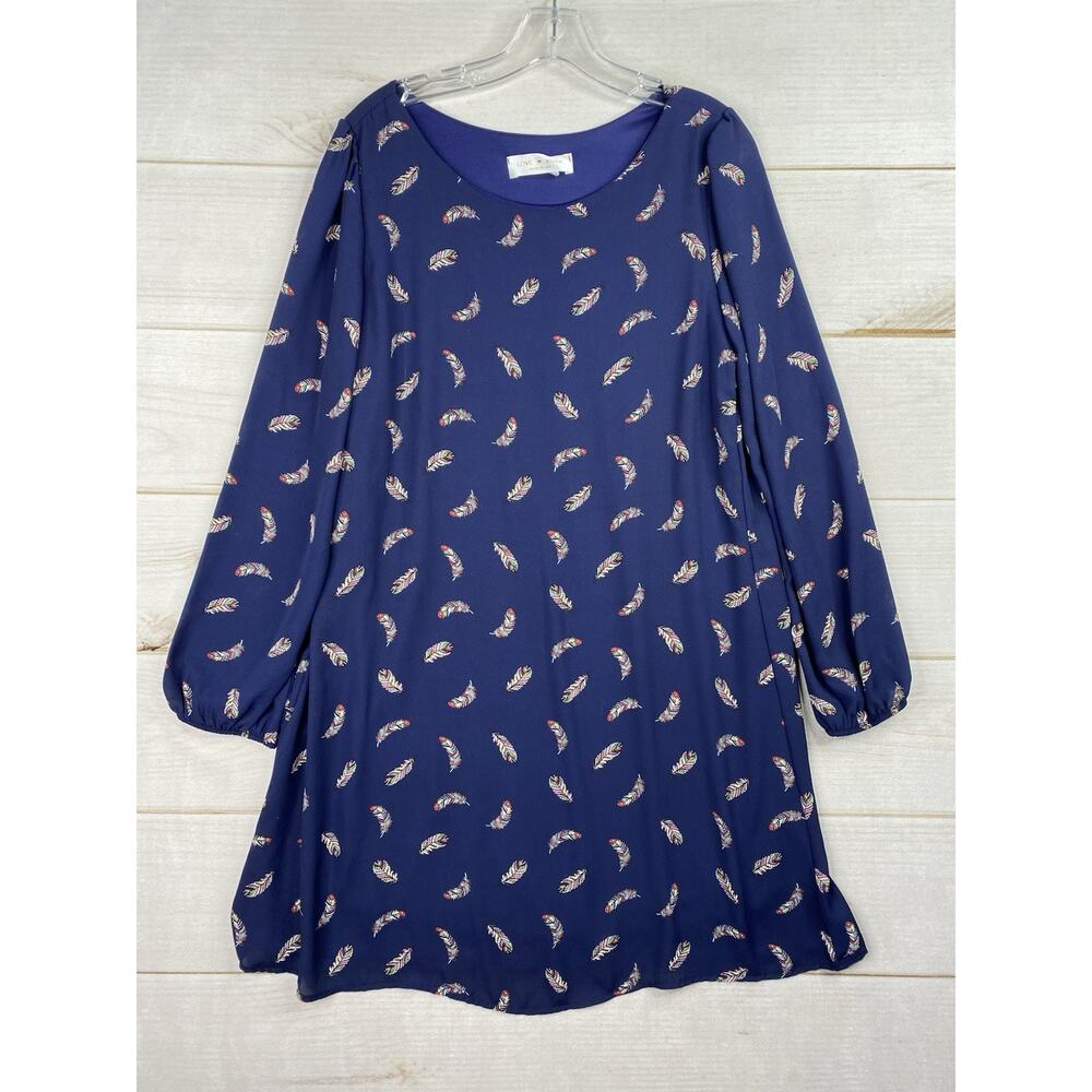 Love Kuza Dress Womens L Blue Feathers Print Long Sleeve Lined Southwestern